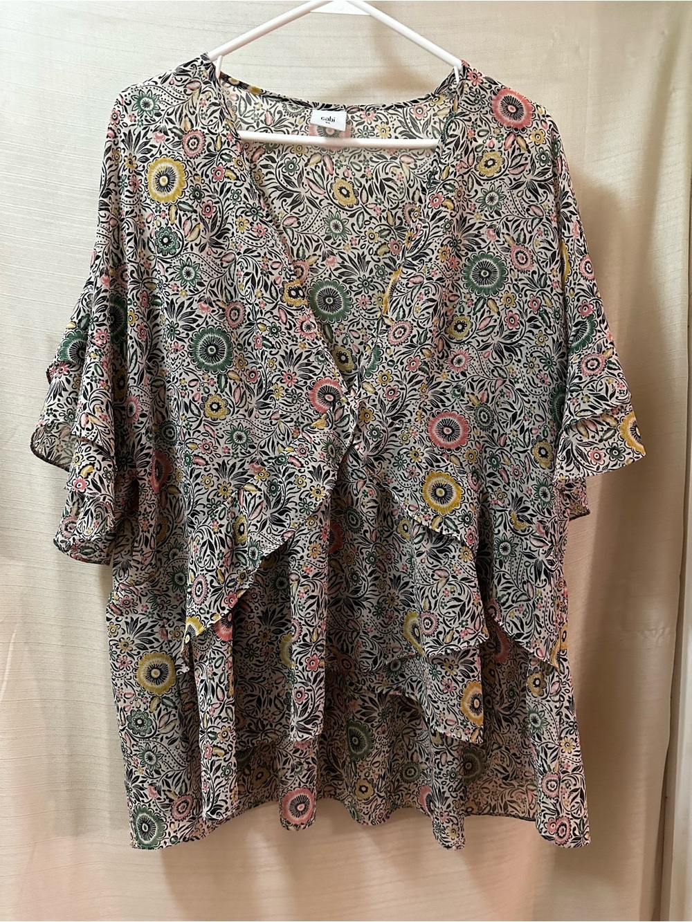 Cabi Floral Ruffle Blouse XL Boho Peasant Top Bell Sleeve Romantic Cottagecore